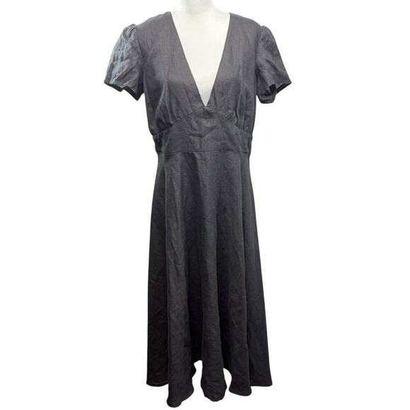 Linen Handmade Studio 100% Linen Midi Dress Size 14 Deep V Neck Sicily Black NWT - Picture 1 of 9